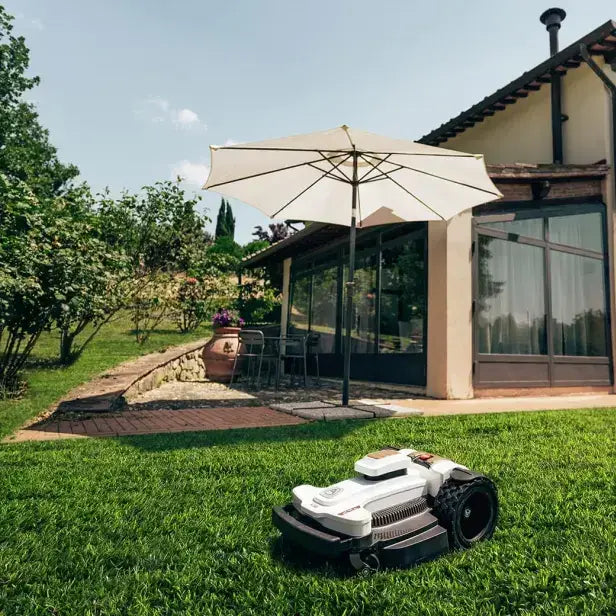 Ambrogio Lifestyle lawn garden mowing robot with umbrella in background