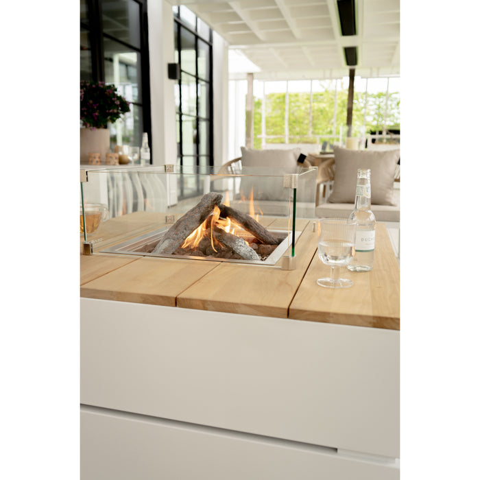 Cosi Cosipure 100 Square Fire Pit White and Teak Lifestyle Close Up