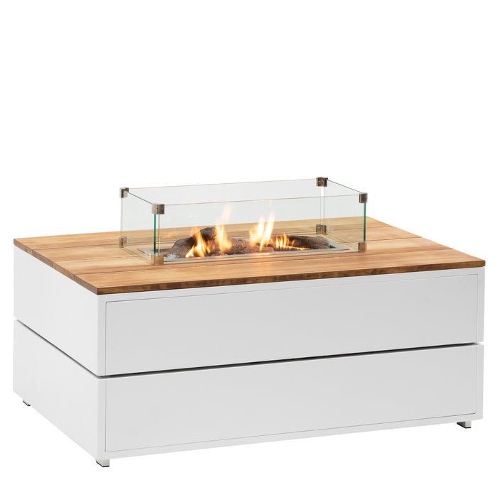Cosipure 120 White and Teak Rectangular Fire Pit Angle View with Glass