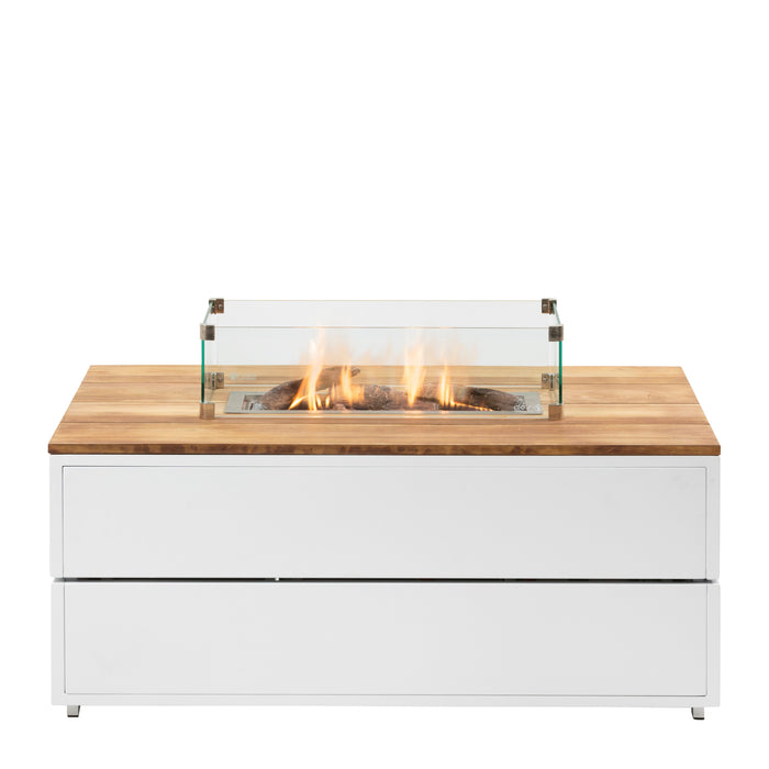 Cosipure 120 White and Teak Rectangular Fire Pit Front View With Glass
