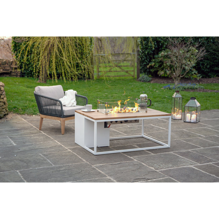 Cosi Cosiloft 120 Fire Pit Table White and Teak with Glass Fire
