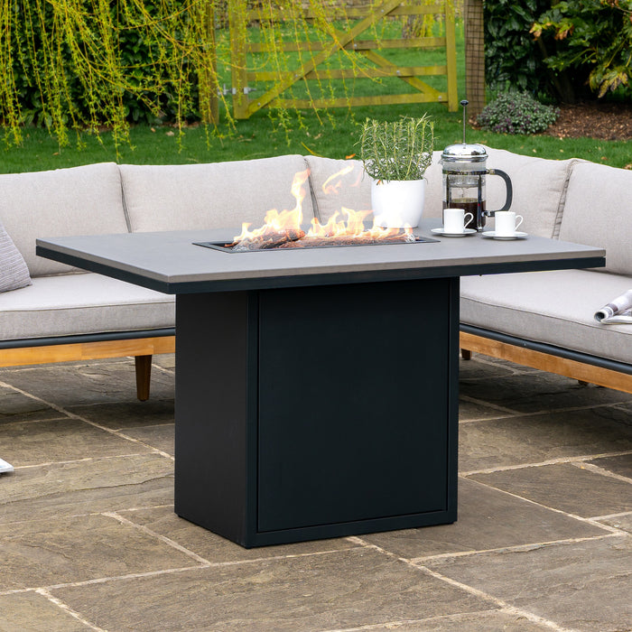 Cosiloft 120 Relaxed Dining Black and Grey Fire Pit Table Close up lifestyle image