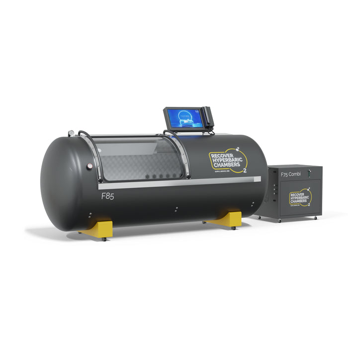 Recover Hyperbaric Chamber F85 Steel with compressor on white background