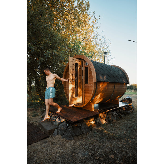 Viking Industrier Barrel Sauna 1.9 x 2.5m Lifestyle with Model