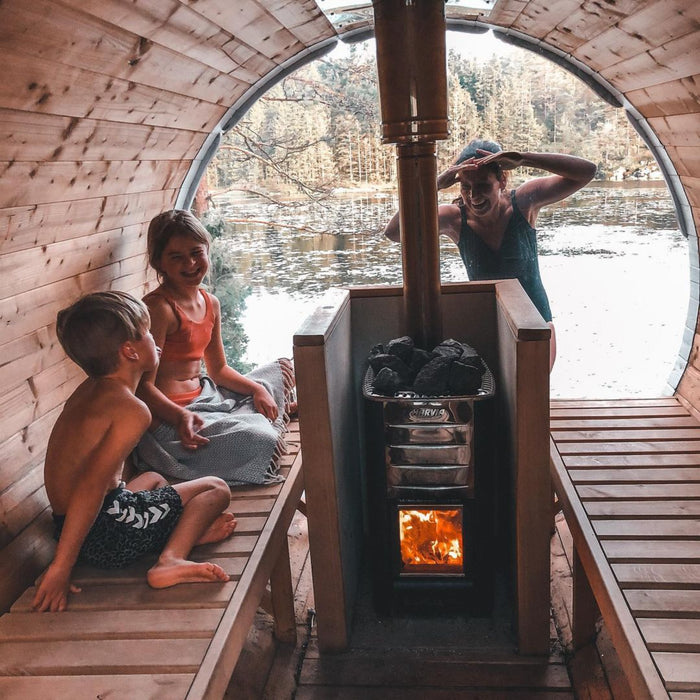 Viking Industrier Barrel Sauna 1.9 x 2.5m Lifestyle with Mom and Kids
