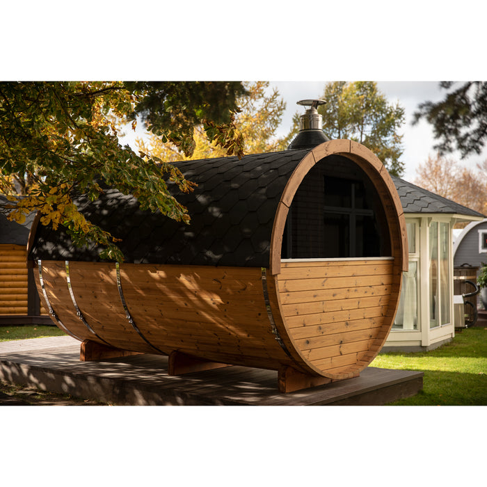 Viking Industrier Barrel Sauna 2.2 x 3.5m Thermowood Half Glass Back Wall Lifestyle