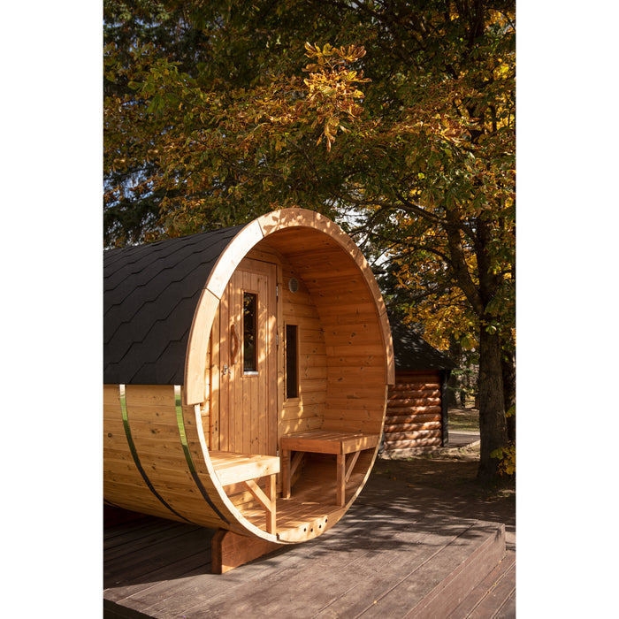 Viking Industrier Barrel Sauna 2.2 x 3.5m Thermowood Portrait Lifestyle