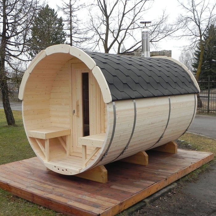 Viking Industrier Barrel Sauna 2.2 x 3m Lifestyle with Foundation