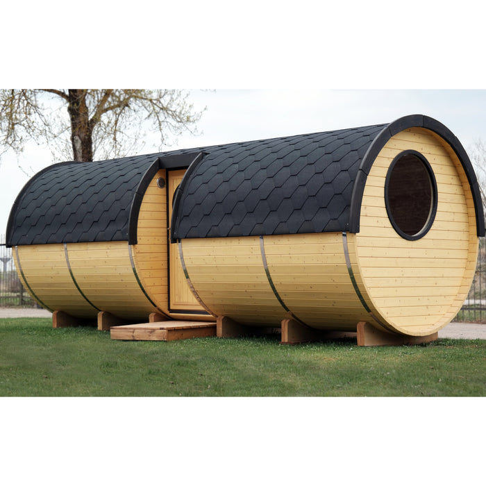 Viking Industrier Barrel Sauna 2.2 x 5.9m with Side Entrance Side View with Round Glass Window
