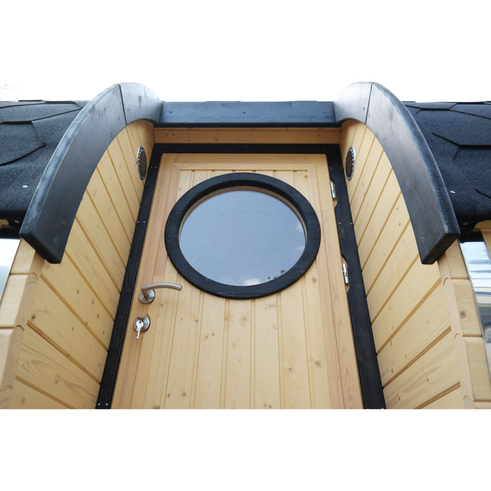 Viking Industrier Barrel Sauna 2.2 x 5.9m with Side Entrance Outside Door with Round Window