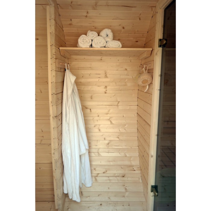 Viking Industrier Barrel Sauna 2.2 x 5.9m with Side Entrance, Shelf with Towels and Robes