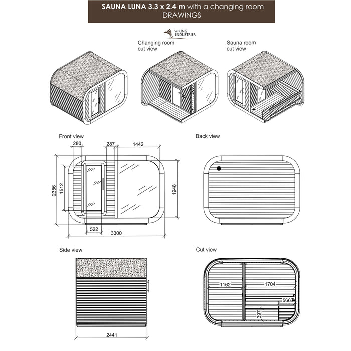 Viking Industrier Luna Outdoor Sauna with Changing Room Drawings