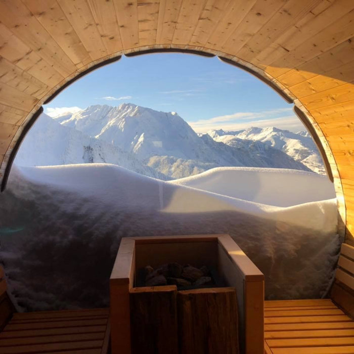 Viking Industrier Luxury Thermowood Barrel Sauna lifestyle outdoor arrangement full glass back wall