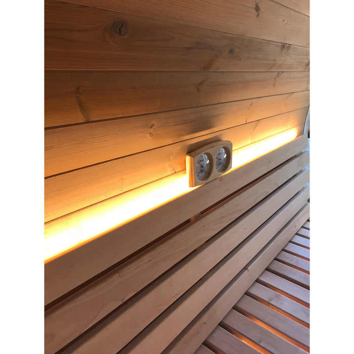 Viking Industrier Luxury Thermowood Barrel Sauna lifestyle LED inside details temp meter