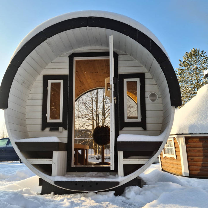 Viking Industrier Luxury Thermowood Barrel Sauna lifestyle outdoor arrangement full glass back  and standard front door open