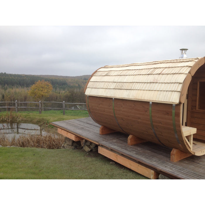Viking Industrier Sauna barrel 1.9 x 3m with eco-friendly roof outdoor lifestyle arrangement wood shingles roof and wooden body no color 