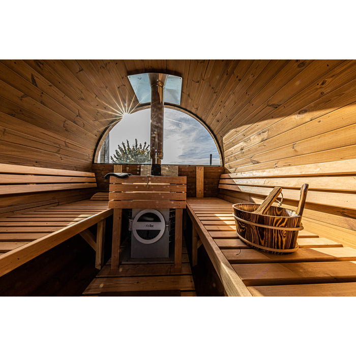Viking Industrier Sauna barrel 1.9 x 3m with eco-friendly roof outdoor lifestyle arrangement with half back glass inside view bucket and heater close up