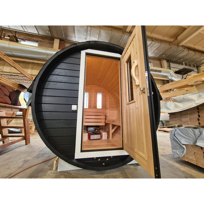 Viking Industrier Barrel Sauna 1.9 x 2m outdoor lifestyle arrangement warehouse setting open door with black body