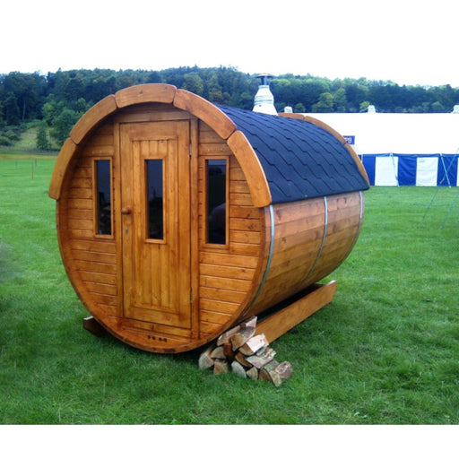 Viking Industrier Barrel Sauna 1.9 x 2m lifestyle outdoor arrangement with black roof no terrace