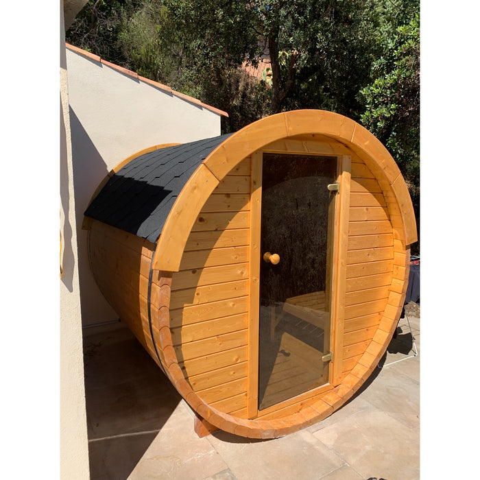 Viking Industrier Barrel Sauna 1.9 x 2m outdoor lifestyle arrangement no window and glass door front view 