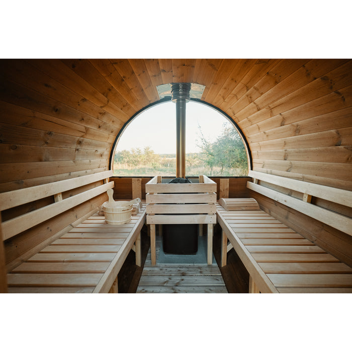 Viking Industrier Sauna barrel 1.9 x 3m inside view half glass back wall