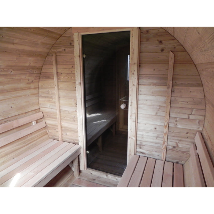 Viking Industrier Barrel Sauna 2.2 x 4m With Eco-Friendly Roof inside view closed sauna glass door