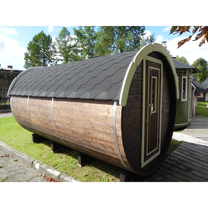 Viking Industrier Barrel Sauna 2.2 x 4m outdoor arrangement black roof close up
