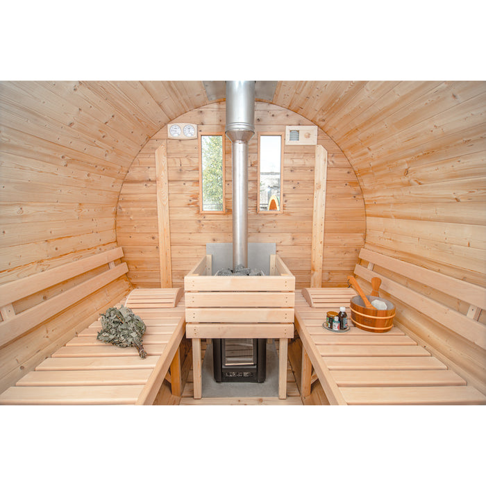 Viking Industrier Barrel Sauna 2.2 x 4m outdoor arrangement inside changing room view with bucket
