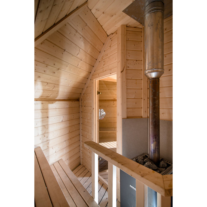 Viking Industrier Sauna Cabin 16.5m² inside view heater with open door close up