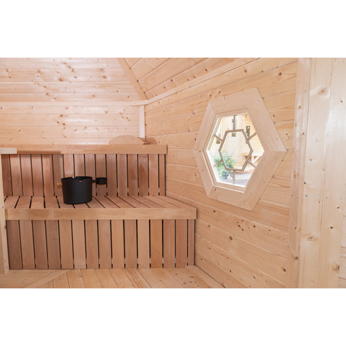 Viking Industrier Sauna Cabin 9.2m² inside view decorative window and benches