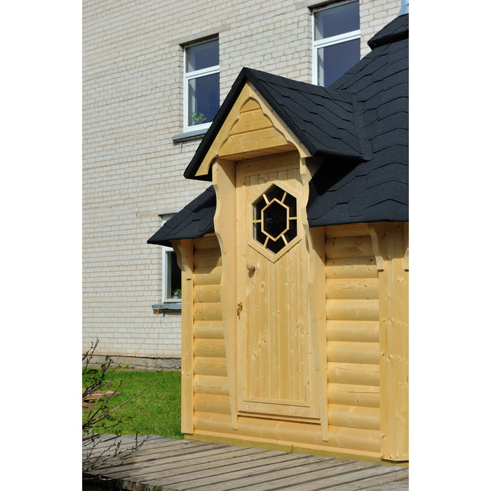 Viking Industrier Sauna Cabin 9.2m² outdoor lifestyle with black roof and decorative windows beside building close up view