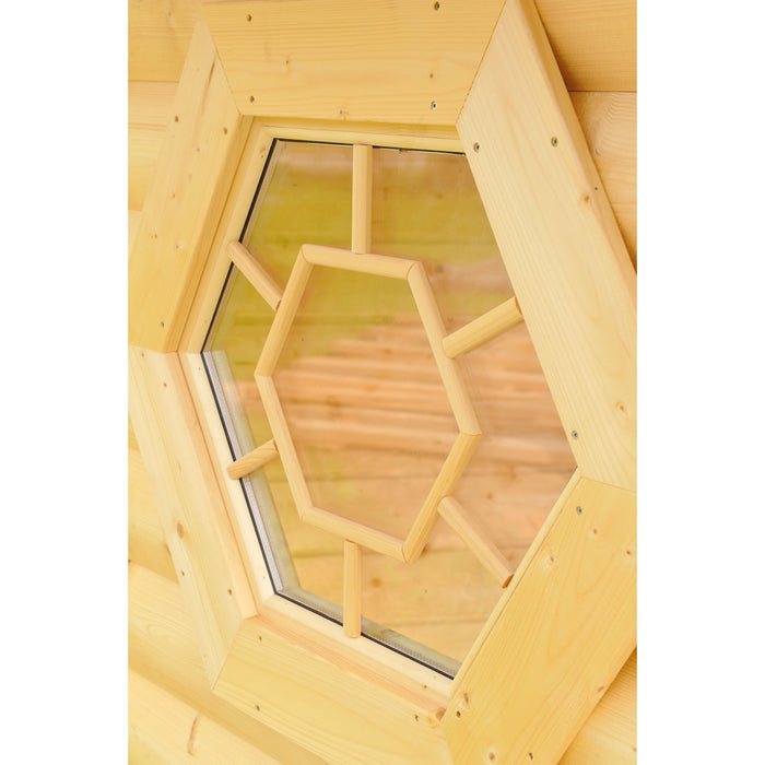 Viking Industrier Sauna Cabin 9.2m² decorative hexagonal window close up