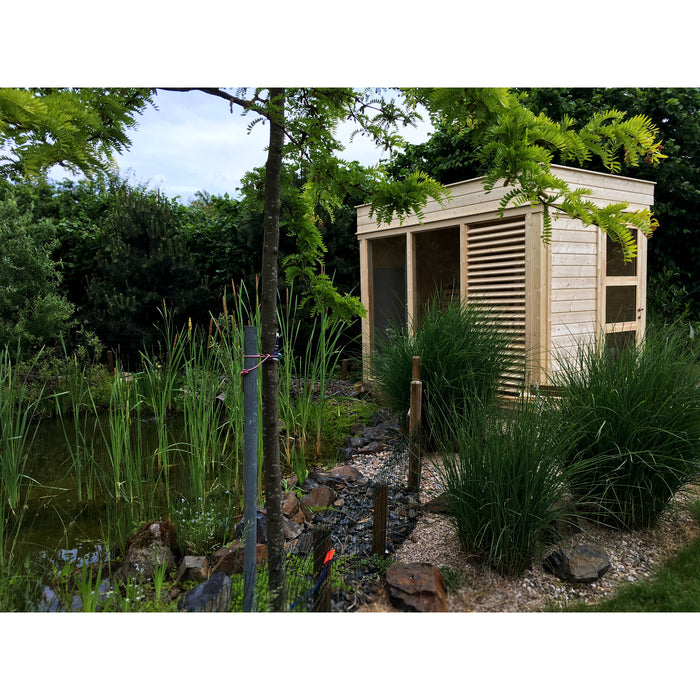 Viking Industrier Sauna Cube 2 x 3m with Changing Room Lifestyle Near Pond