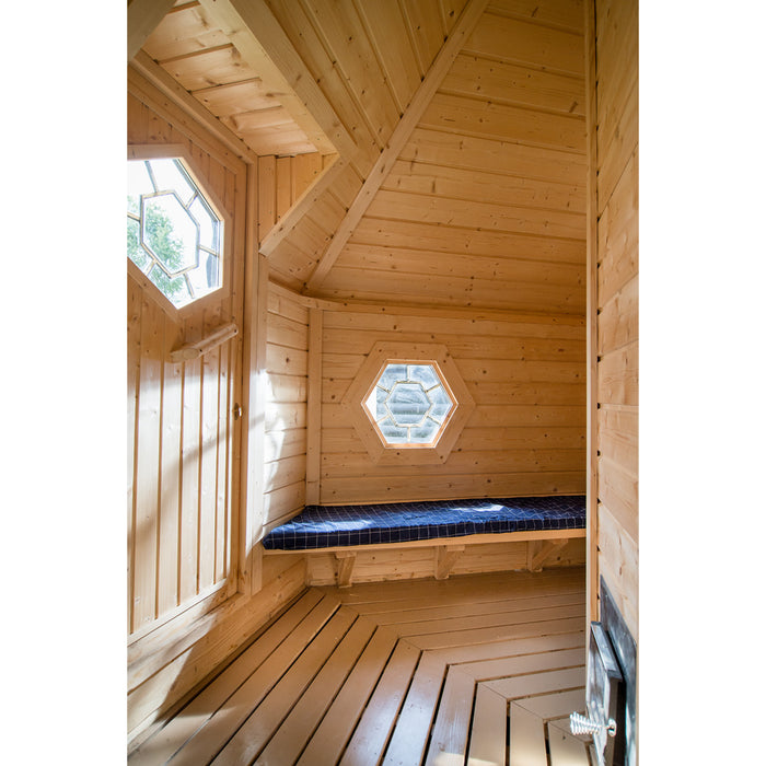 Viking Industrier Sauna Cabin 9.2m² lifestyle inside entrance view benches and window view