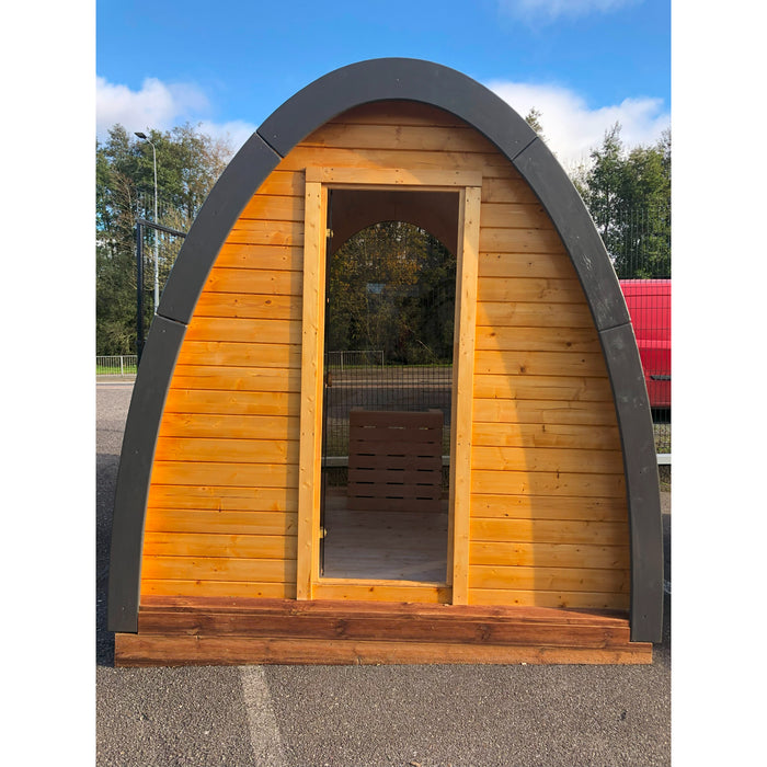 Viking Industrier Sauna Pod 2.4 x 2.3m outdoor front view with glass door