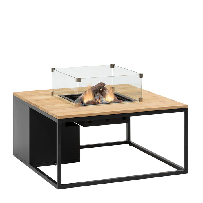 Cosiloft 100 Black and Teak Fire Pit Table angle with glass