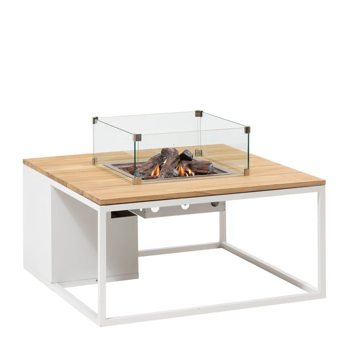 Cosiloft 100 White and Teak Fire Pit Table angle with glass